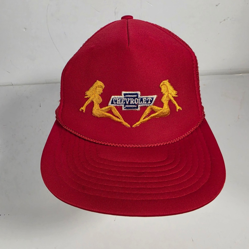 Vintage 80s Speedway Chevrolet Pinup Girl Trucker Hat Red Mesh Snapback Cap